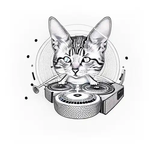 A Dotwork Tattoo Of A Cat Dj Spinning Records With Music Waves Radiating From The Turntable