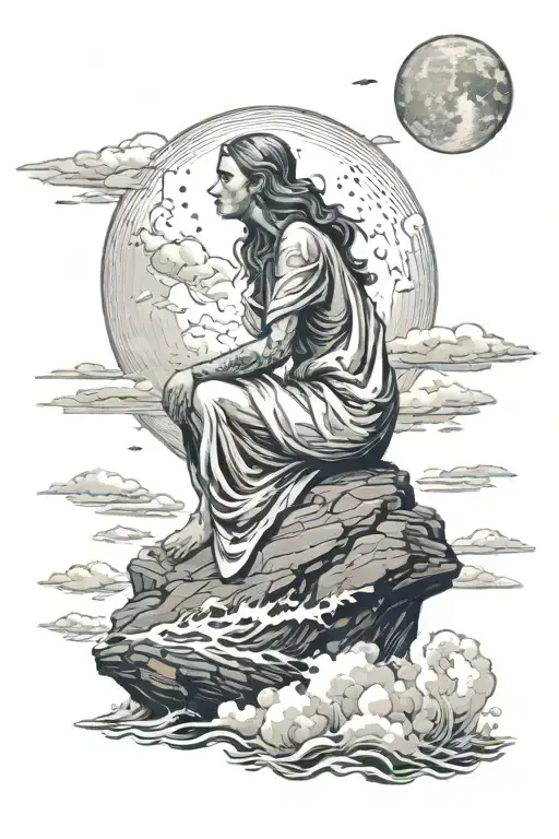 Seal Woman Sitting On Rock In Rough Sea Moon In Sky Thunder Clouds