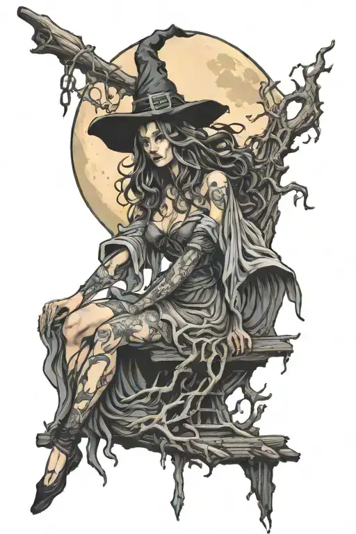 Witch Standing At Gallows Full Moon Waves Rising In Background