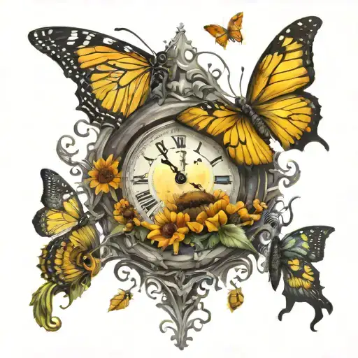 Sunflower & Butterflies & Grand Father Clock Surrounded