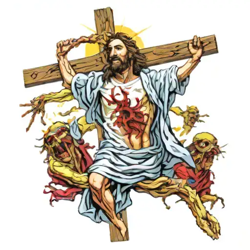 Jesus On A Cross With Zombies Walking Towards Him