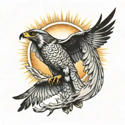 A Falcon With A Milky Tail And Spread Wings Flies Towards The Sun