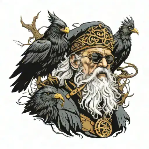 Odin With Eye Patch And His Crows Flying