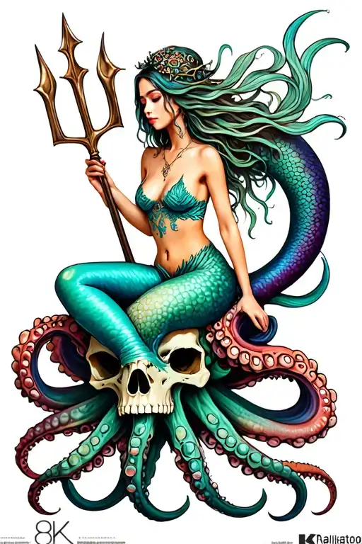 A Siren Mermaid Sitting On An Octopus Skull Hybrid Holding A Trident