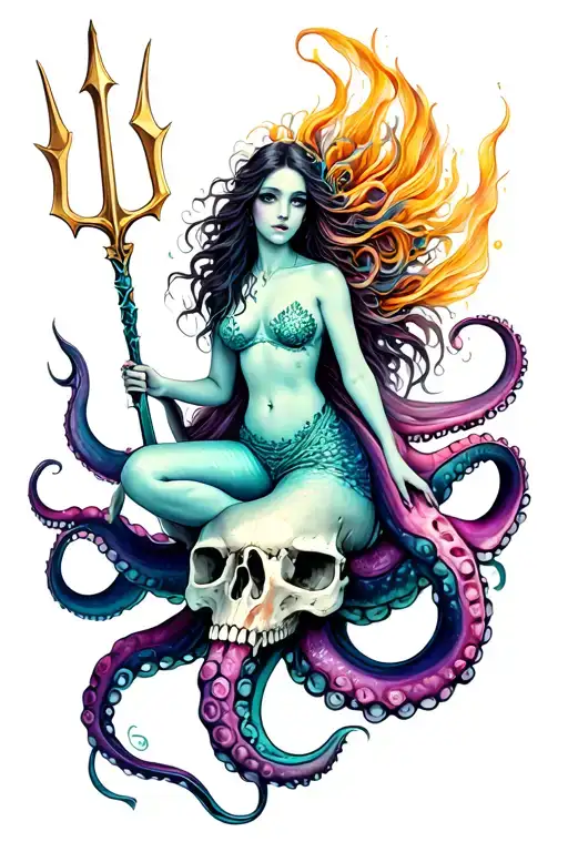 A Siren Mermaid Sitting On An Octopus Skull Hybrid Holding A Trident