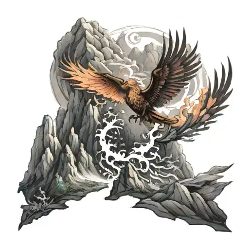 Mountains Landspace With Rising Phoenix From Fire