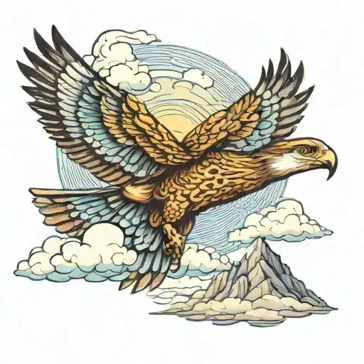 Flying Falcon Against The Background Of Mountains And Clouds