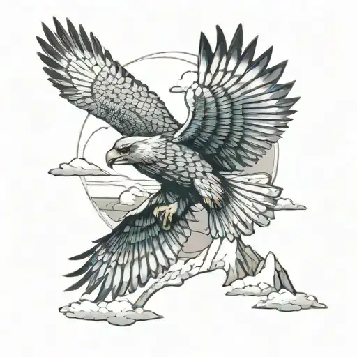 Flying Falcon Against The Background Of Snow-capped Mountains And Clouds