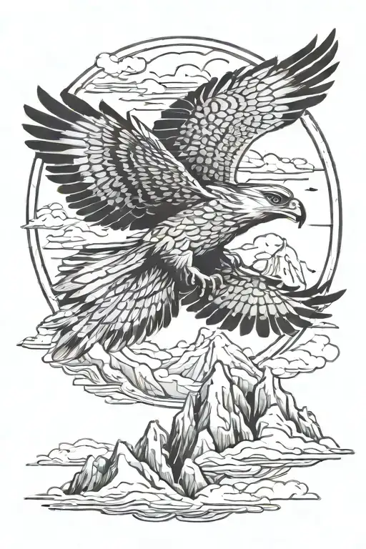 Flying Falcon Against The Background Of Snow-capped Mountains And Clouds