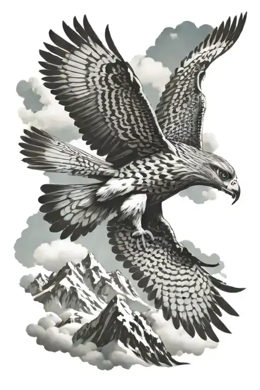Flying Falcon Against The Background Of Snow-capped Mountains And Clouds