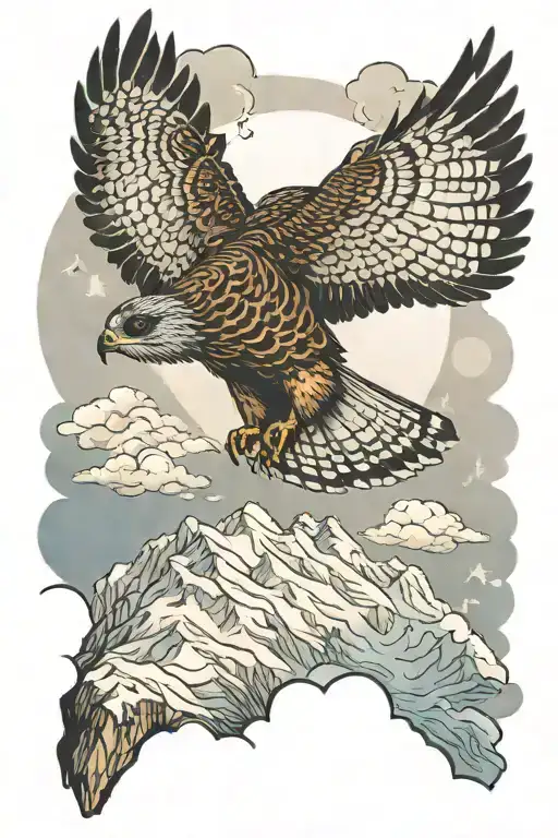 Flying Little Falcon Against The Background Of Snowy Mountains And Clouds