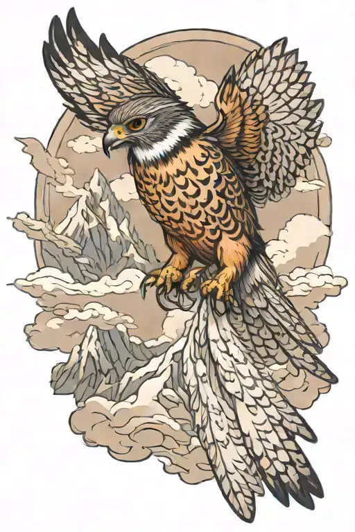 Flying Little Falcon Against The Background Of Snowy Mountains And Clouds