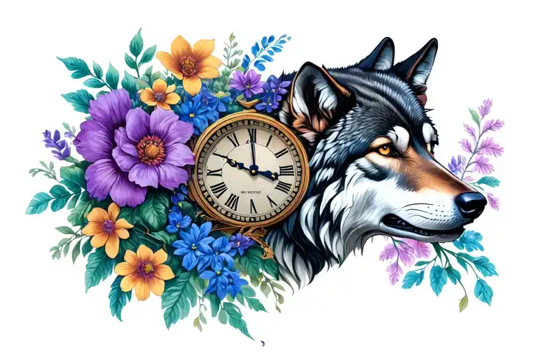 Wolf Clock And Flowers Growing