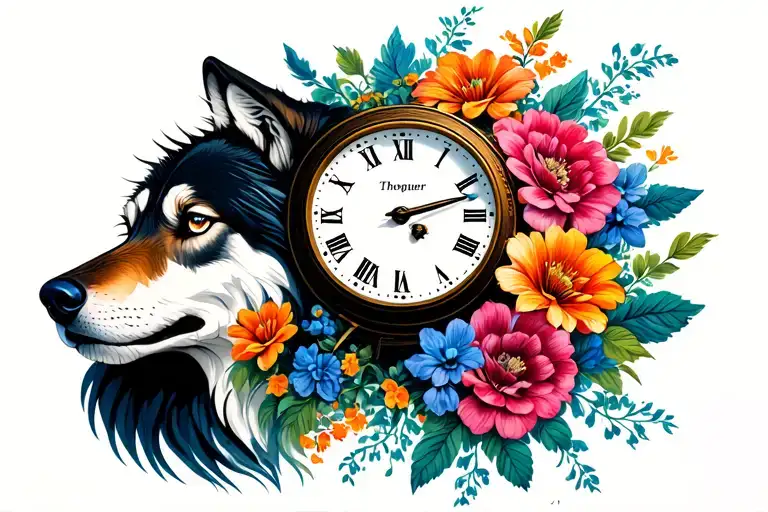Wolf Clock And Flowers Symbolizing