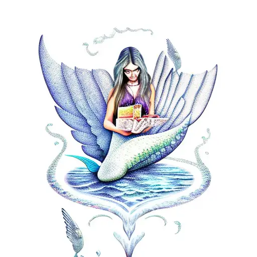 Mermaid With Wings Reading Books With Magic Swirling Around