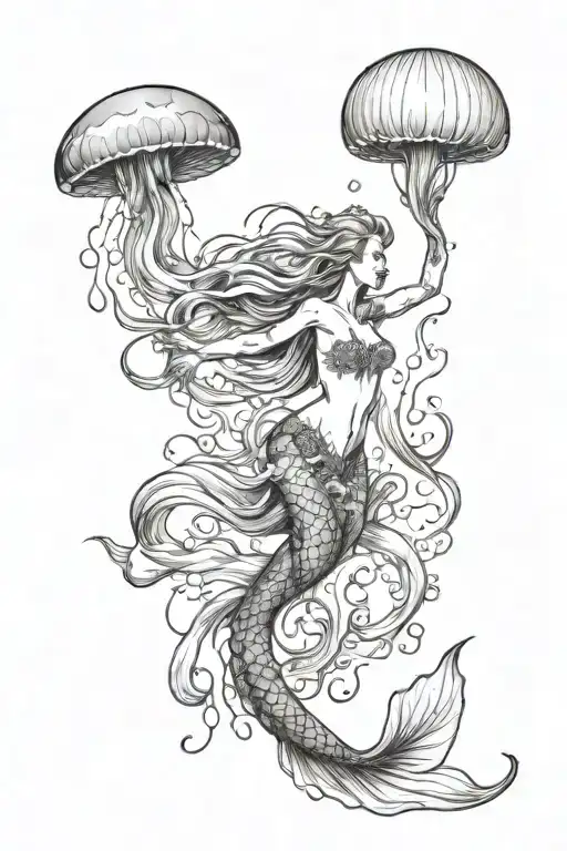 Mermaid And Jellyfish Gracefully Swimming Around Each Other While Checking Each Other Out