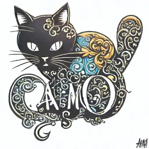 A Tattoo Design Combining The Word 'Amo' With A Silhouette Of Your Fat Black Cat 'Baby'