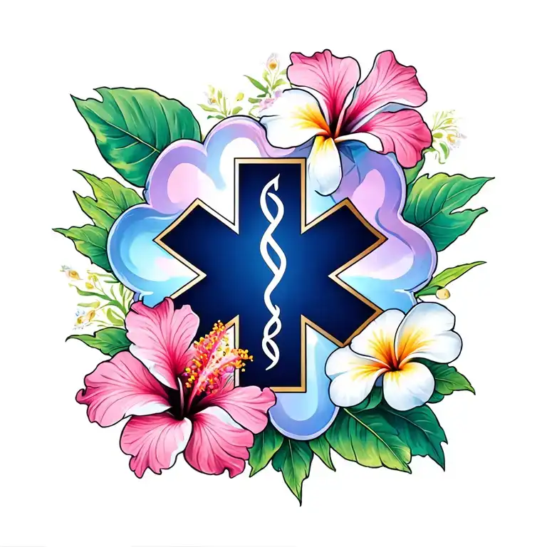 Hibiscus And Plumeria Flowers With Solid Ems Star Of Life In Front