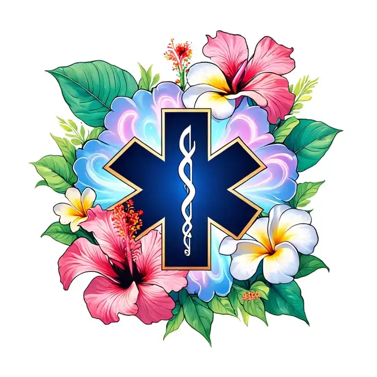 Hibiscus And Plumeria Flowers With Ems Star Of Life In Front
