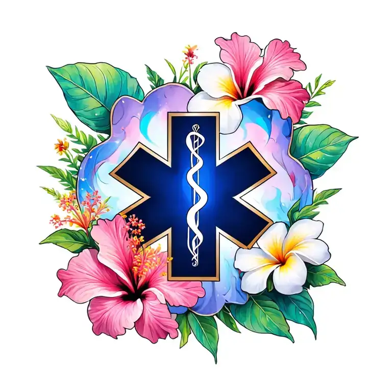 Hibiscus And Plumeria Flowers With Ems Star Of Life In Front Bright Colors