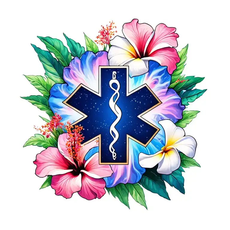 Hibiscus And Plumeria Flowers With Ems Star Of Life In Front Bright Colors