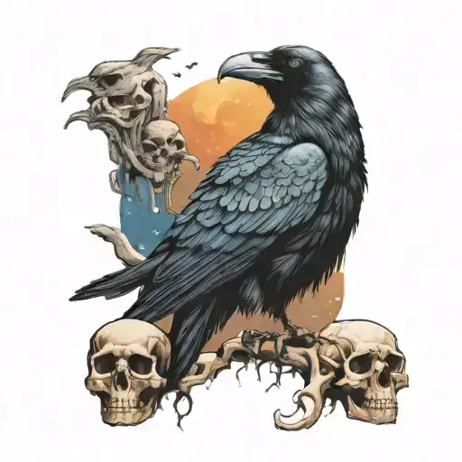 Raven Standing On Skulls Staring At The Night Sky Full Color