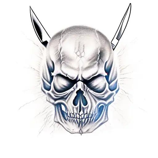 Burning Skull Wearing Broken Oni Mask With A Chef's Knife And Pencil Behind Realism Shadow Tribal