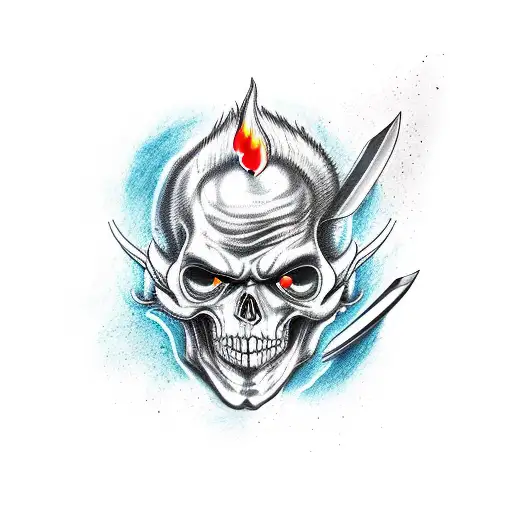 Burning Skull Wearing Broken Oni Mask With A Chef's Knife And Pencil Behind