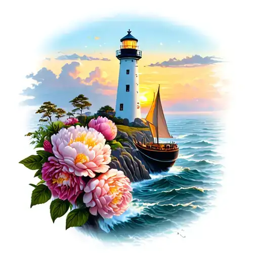 Lighthouse On The Rocks Witj Peonies And A Boat Sailing Into The Sunset