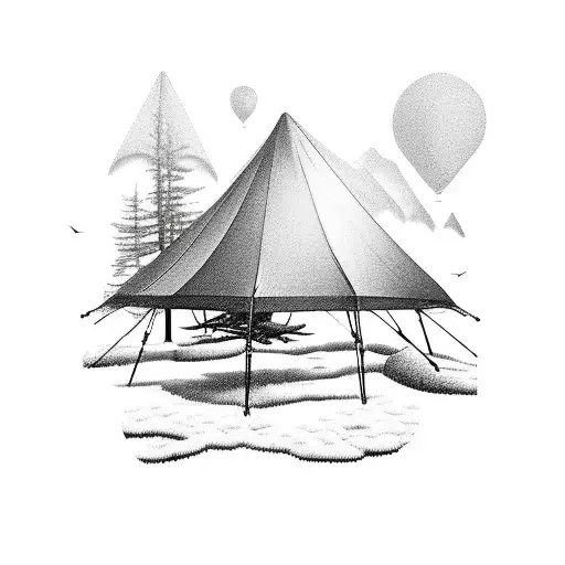 A Black And Grey Tattoo Of A Tent In A Serene Mountain Landscape