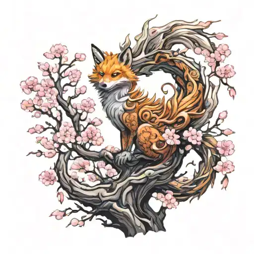 Phoenix Nine Tailed Fox Dragon Cherry Blossom Tree