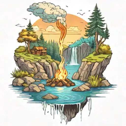 A River With A Campfire Beside It Waterfalls Down The Front