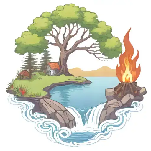 A Rowan Berry Tree And A Campfire Beside A River Waterfalling Down The Front