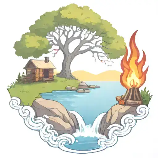 A Rowan Berry Tree And A Campfire Beside A River Waterfalling Down The Front