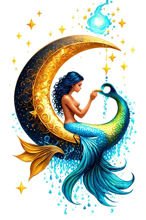 Mermaid Sitting On Crescent Moon Pouring Water That Turns Into Stars
