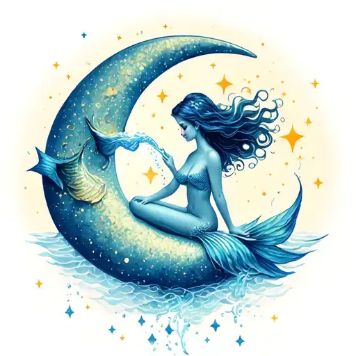 Mermaid Sitting On Crescent Moon Pouring Water That Turns Into Stars