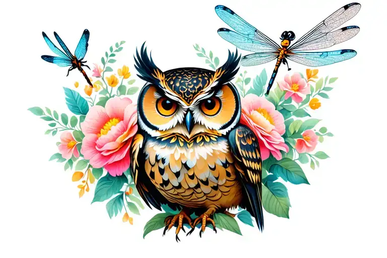 Owl With Flowers And Dragonflies