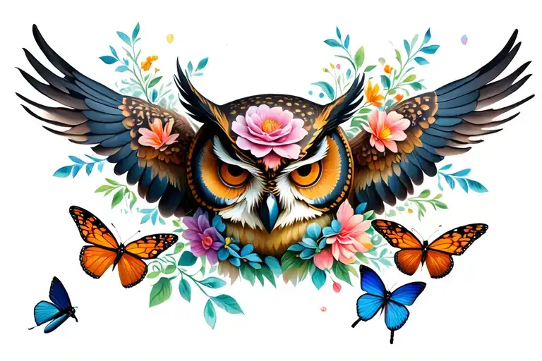 Owl With Flowers And Dragonflies And Butterflies