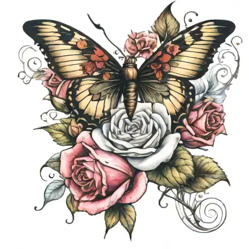 Upside-down Rose With Butterfly And Dragonfly Wings