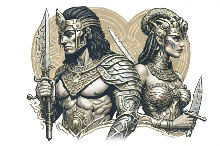 Modern Sigma Warrior With Sword Torned In His Heart Cover With Beauty Queen With Touch Cleopatra