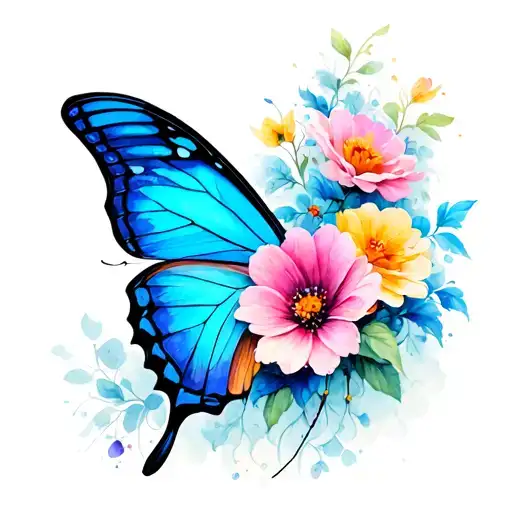 Blue Butterfly With Flowers And Watercolor