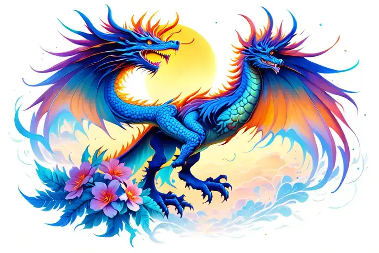 Phoenix Or Dragon Floral With Sunset Or Night Sky In Background Stars Sun Moon