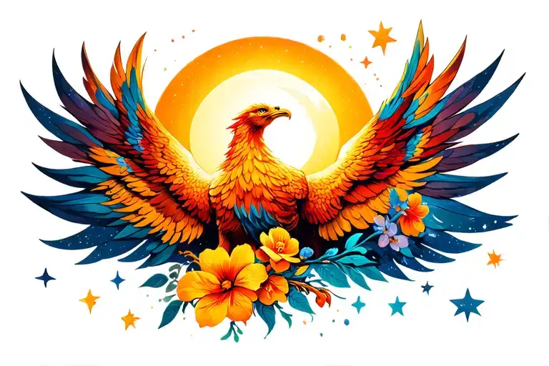 Phoenix Or Floral With Sunset Or Night Sky In Background Stars Sun Moon
