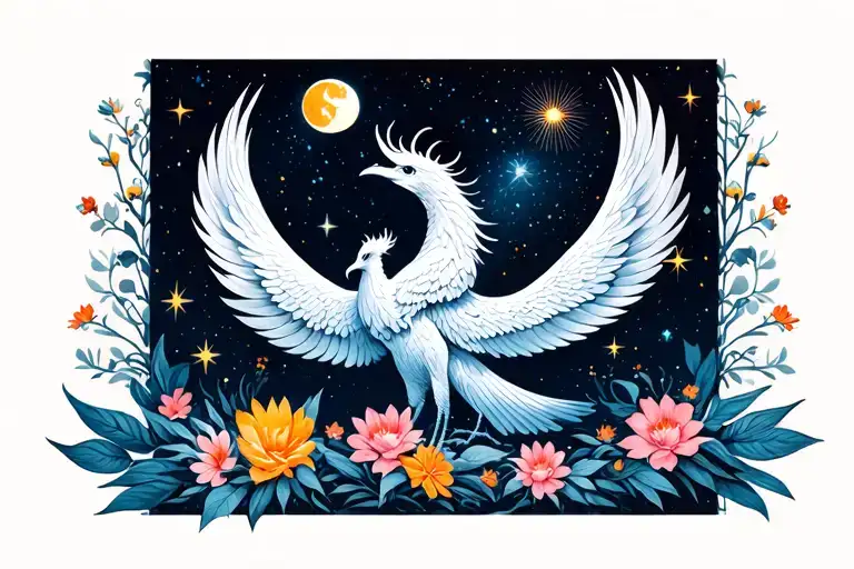 Phoenix Or Floral Witor Night Sky In Background Stars Sun Moon
