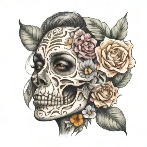 Girl Face Half Skeleton Flowers Coming Out Of Face