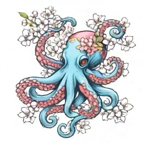 Blue Octopus Holding Around A Cherry Blossom Petals Falling