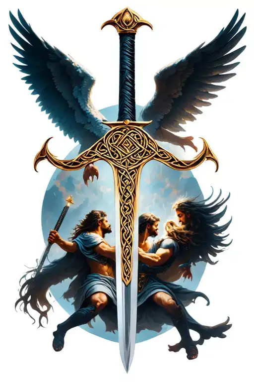 Celtic Sword With Background With Angels Fighting Demons