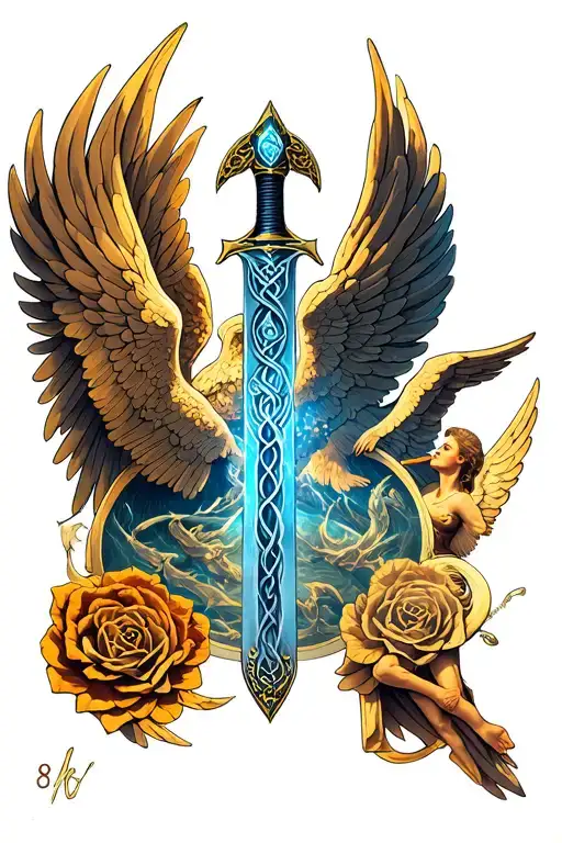 Celtic Sword With Background With Angels Looking