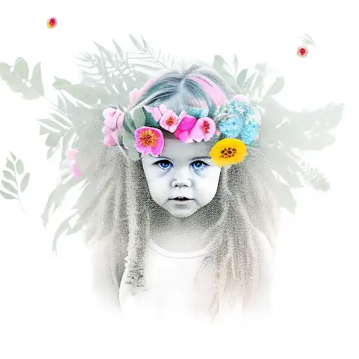 Half Head Portrait Of A Toddler Girl With Flowers And Leaves Around Her And On Her Hair