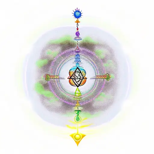 Chakras On Cercle With Clods On Background And Jappanese Tree